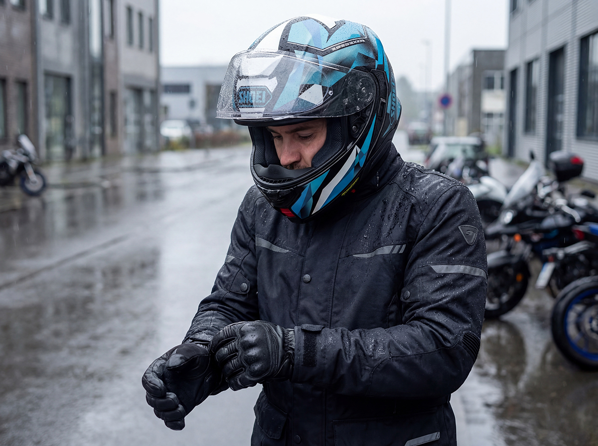 Man-wearing-Shoei-Neotec-3-on-damp-day